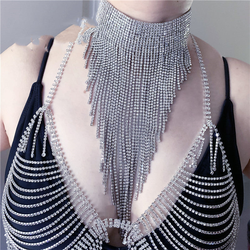 European And American Fashion Simple Wild Necklace Luxury Rhinestone Tassel Necklace Sexy Bar Club Accessories Choker