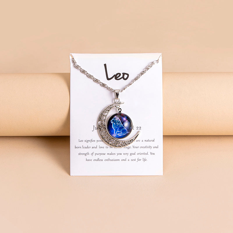 12 Zodiac Sign Glass Charms Moon Pendant Necklace For Women Girls