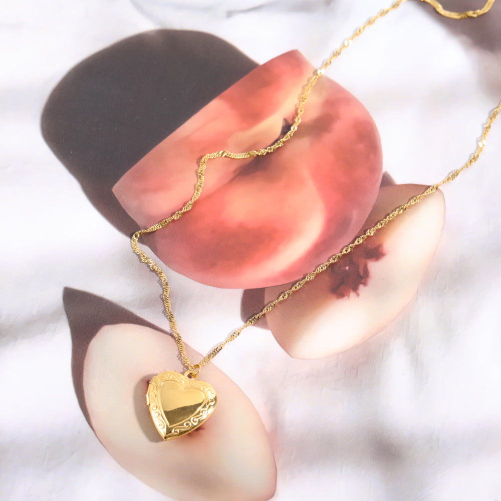 Valentines Gift Heart Locket Pendant Necklace 24K Gold Color Romantic Fancy Heart Jewelry For Women