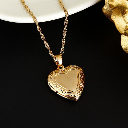 Valentines Gift Heart Locket Pendant Necklace 24K Gold Color Romantic Fancy Heart Jewelry For Women